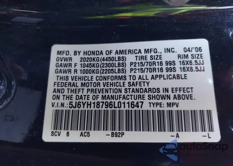 2006 Honda Element Ex-P from USA, damaged, VIN 5J6YH18796L011647